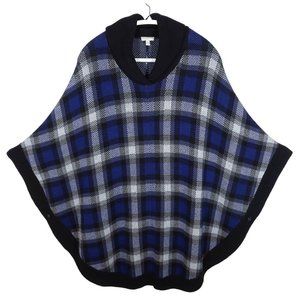 TALBOTS Cotton Blue Black Plaid Shawl Collar Sweater Knit Poncho Size L/XL